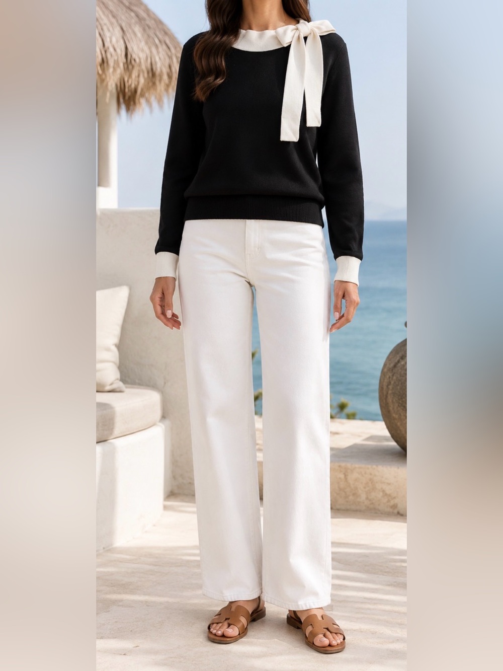 Ann Tylor Black Sweater with White tie bow